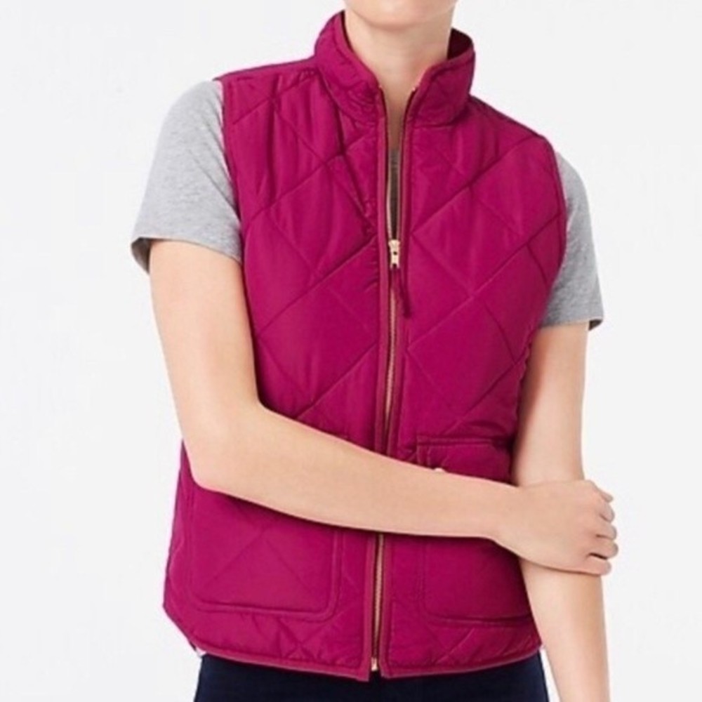 J Crew Quilted Puffer Vest with Snap Pockets Berry